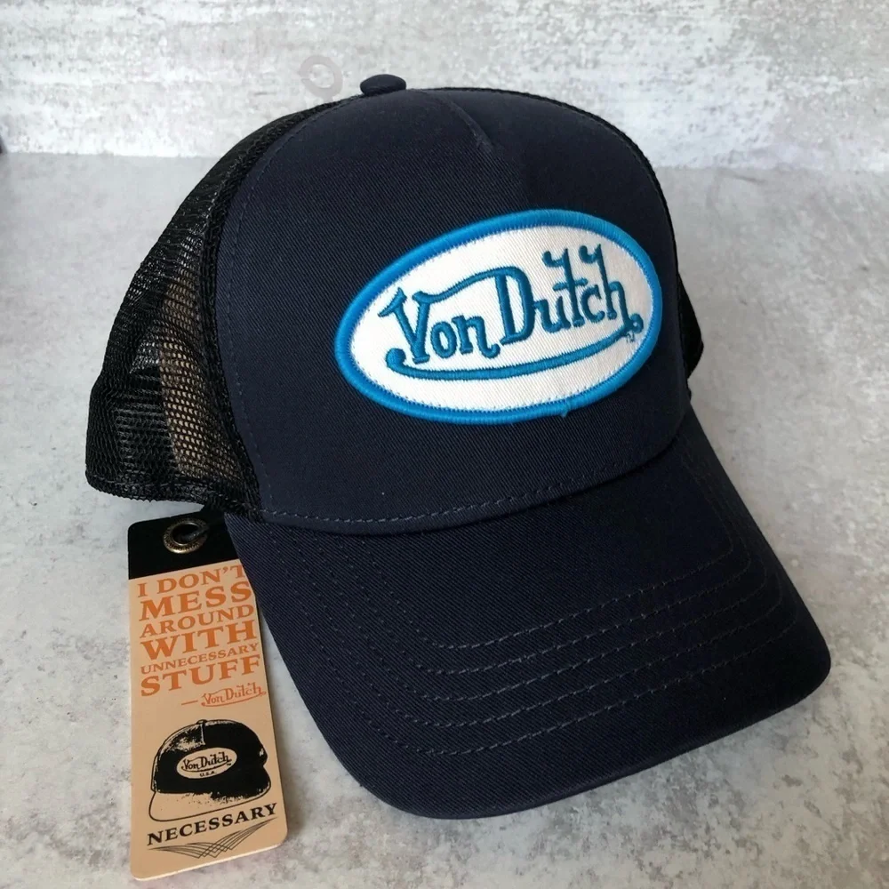 Von Dutch Trucker Hat Navy Blue Black Embroidered Logo Patch Mesh Snapback